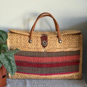 Woven Straw Tote with Leather Handles